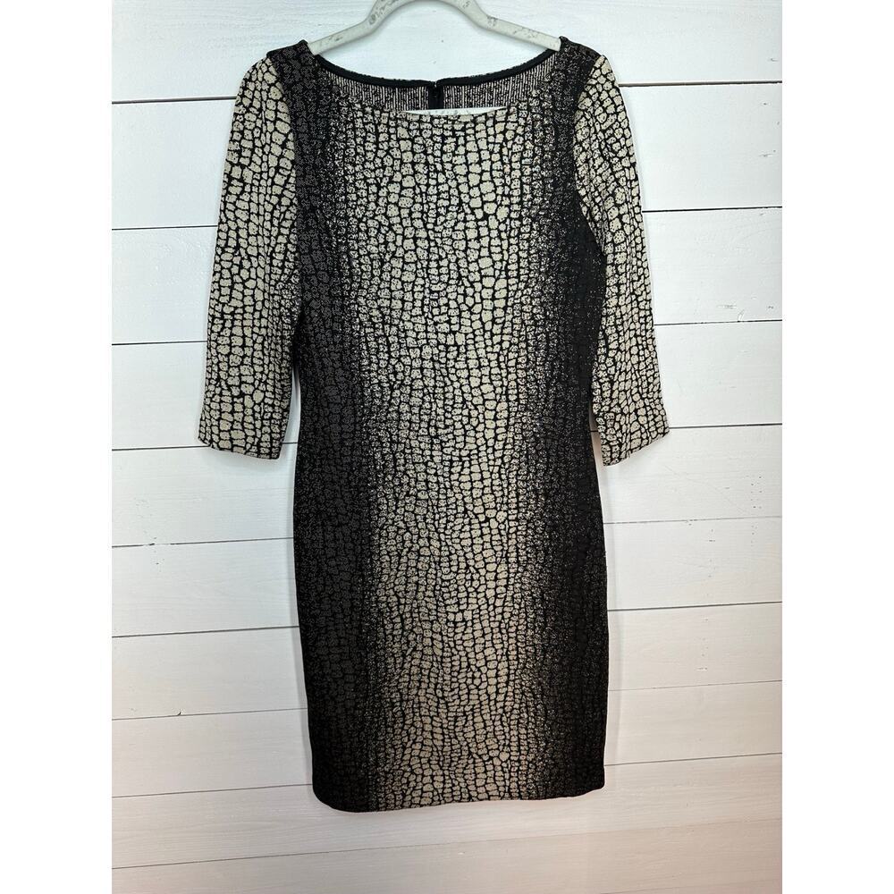St. John Sz 8 (Medium) Black & Tan Reptile Below Knee Dress 3/4 Sleeve Slimming